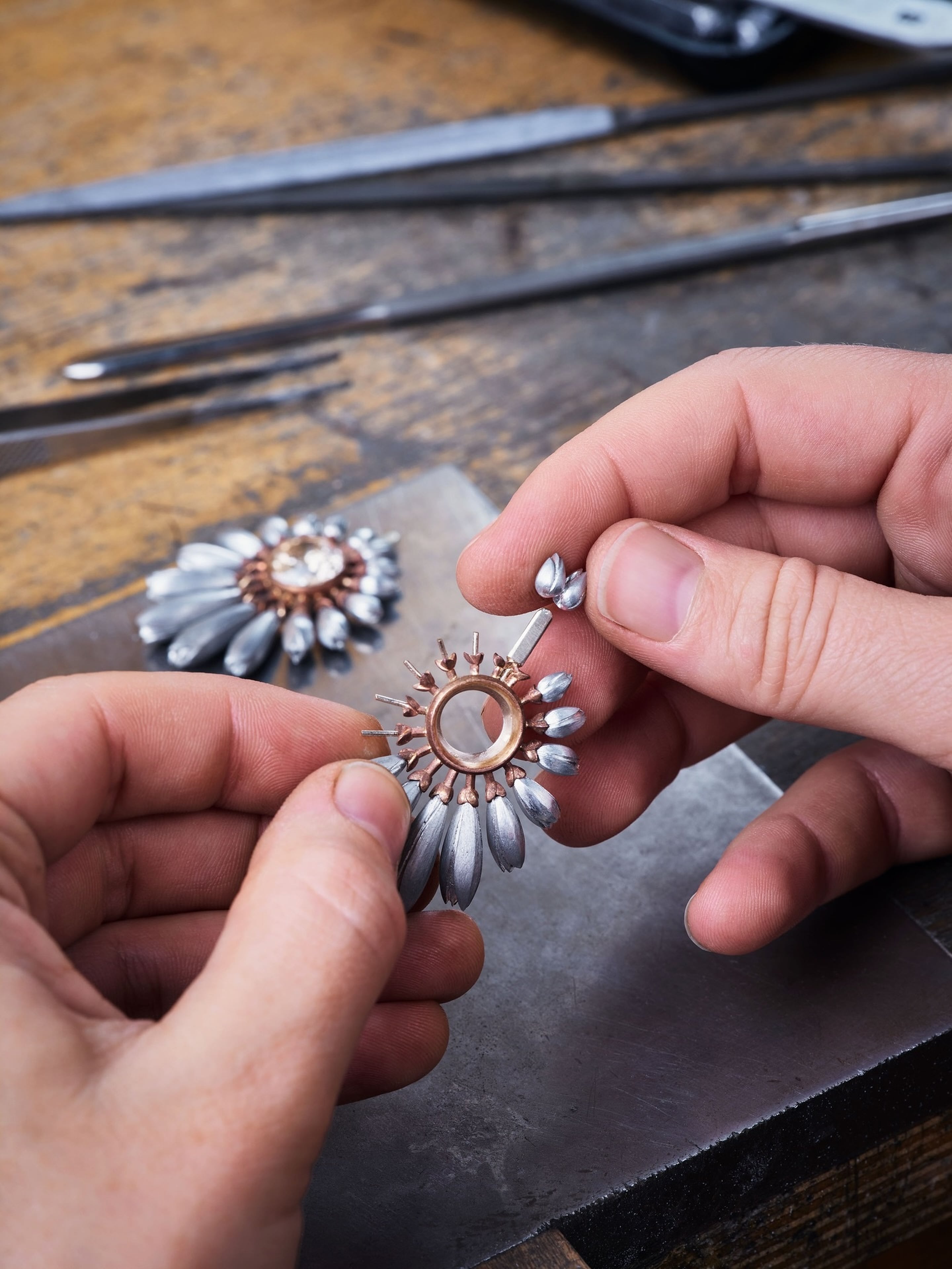 Hands positioning a small silver-tone element beside a circular jewelry mount at a worn workbench.