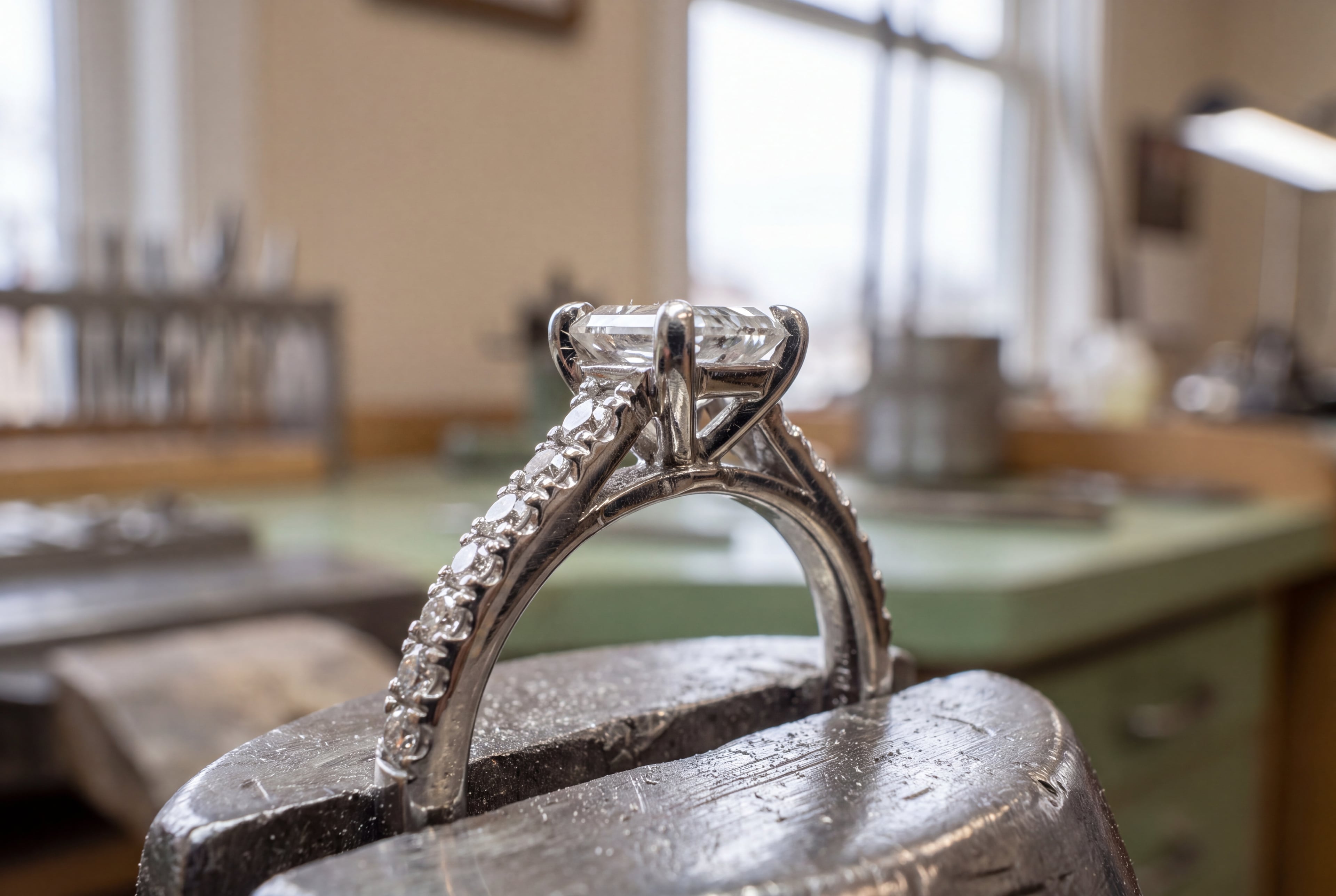 Side profile of a clear-stone ring held in a vise, with a blurred workbench behind.