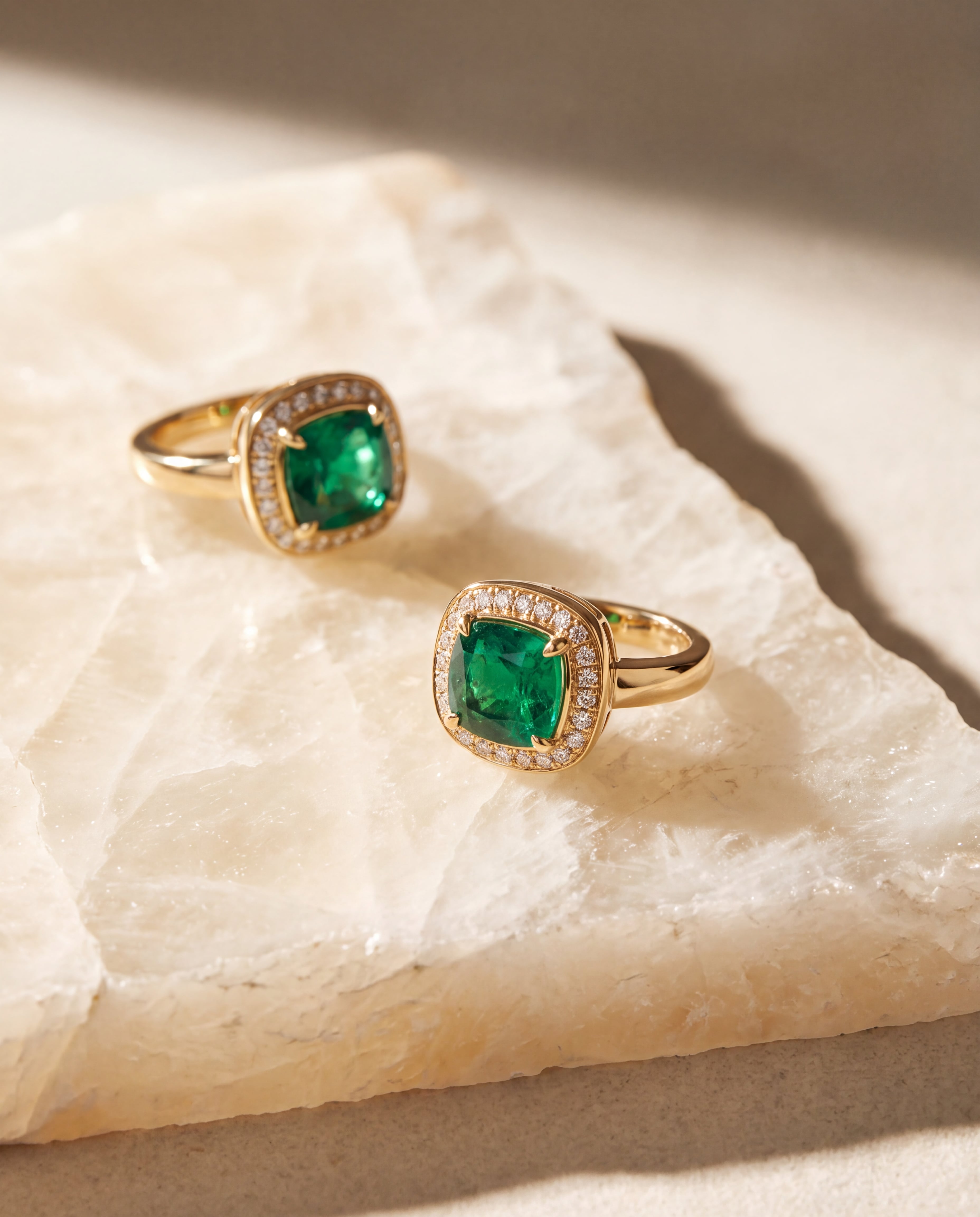 Two gold-tone rings with green center stones and clear surrounds on pale stone.