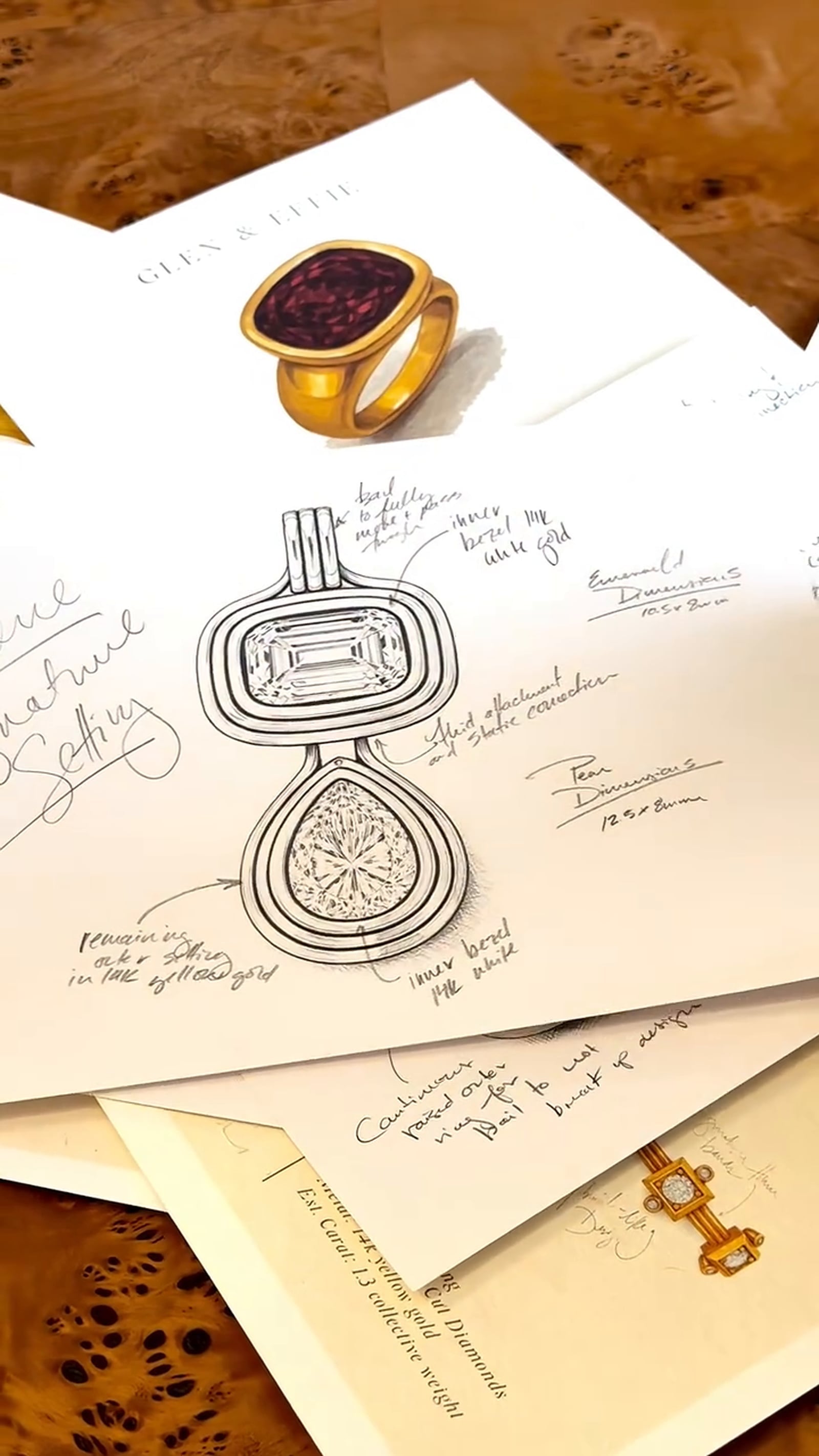 Jewelry design sketches with a rectangular and pear-shaped pendant drawing, handwritten annotations and a colored ring study.
