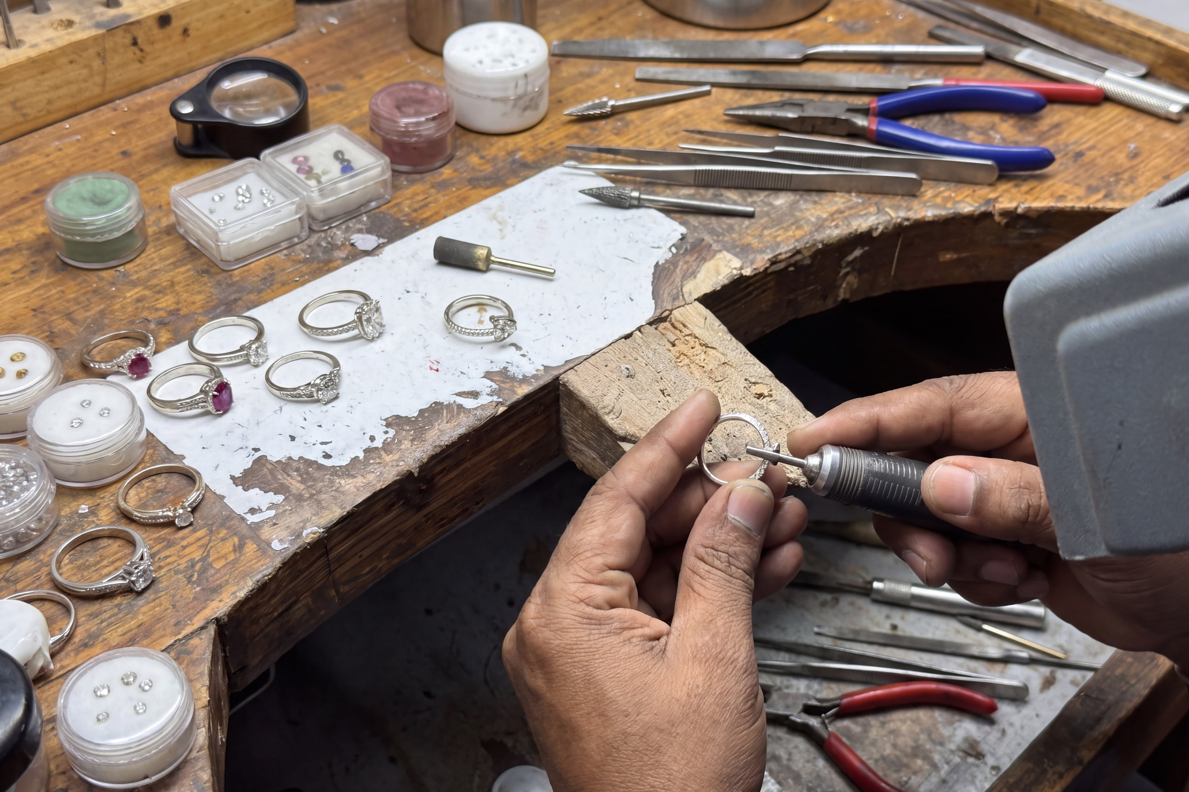 Hands work on a circular jewelry mount with a rotary tool at a bench scattered with mounts and hand tools.